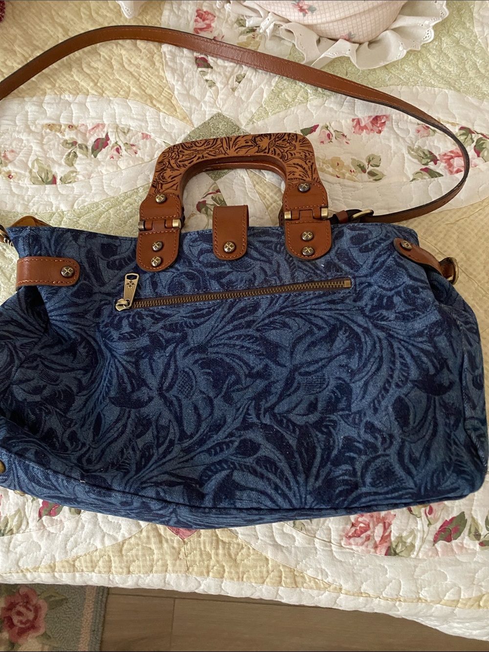 Patricia Nash Navy Floral Jacquard Tote with Brown Leather Trim - Picture 2 of 6